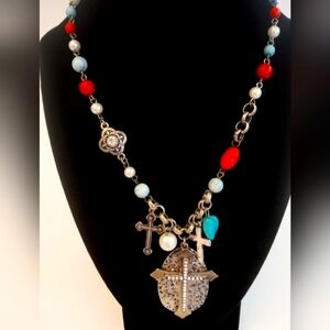 Rhinestone Cross Faux Turquoise Beaded Charm Style Necklace ~ Silver Tone 19'-19